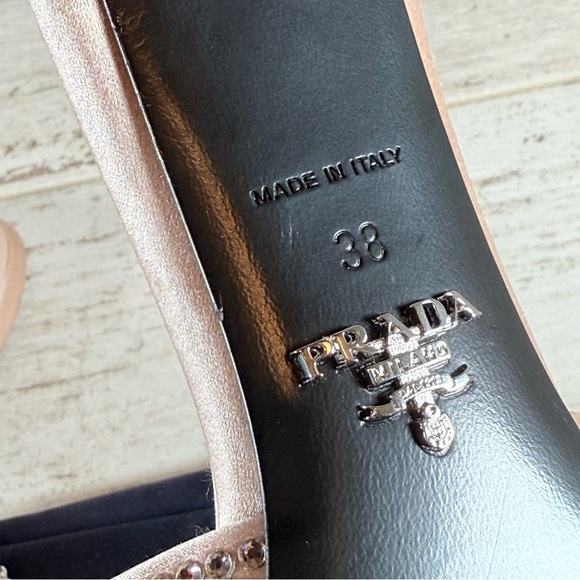 PRADA Modellerie 75MM Crystal Embellished Satin Mules Heels Sandals SZ 38 Blush - Picture 14 of 16